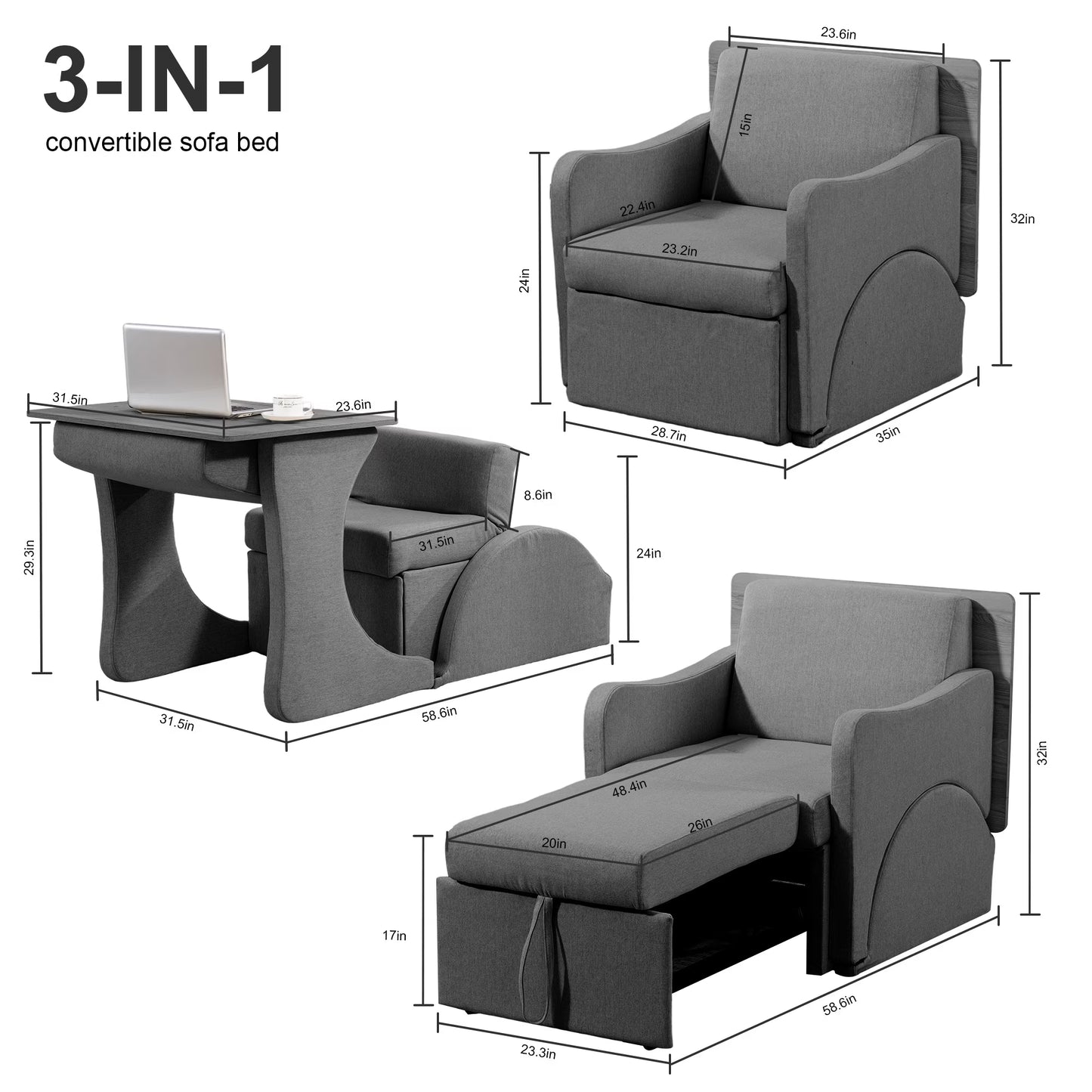 3-in-1 Convertible Sleeper Chair Sofa Bed – Adjustable Armchair with Pull-Out Bed