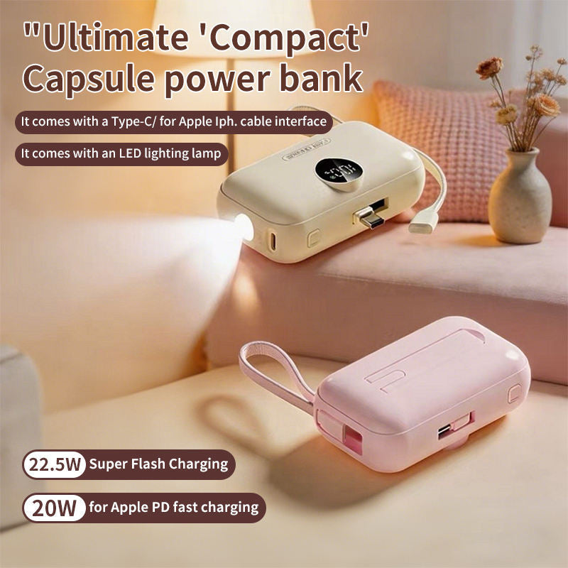 🧡2-in-1 Mini Portable Charger 🔋 | Built-in USB-C Cable, Digital Display, Ultra-Compact Power Bank with Flashlight