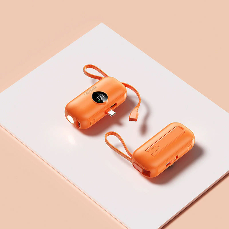 🧡2-in-1 Mini Portable Charger 🔋 | Built-in USB-C Cable, Digital Display, Ultra-Compact Power Bank with Flashlight