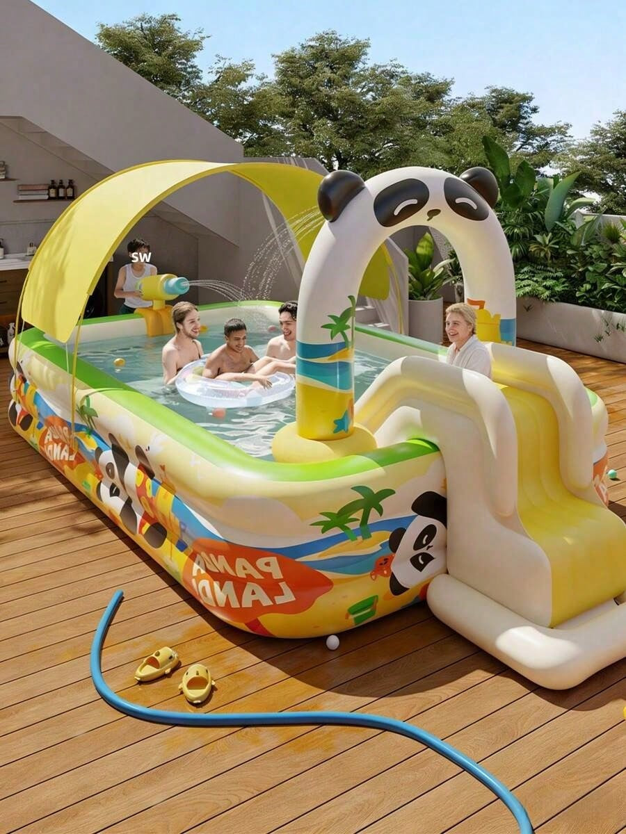 Inflatable slide pool with a sunshade—suitable for backyards, gardens, and summer water parties.