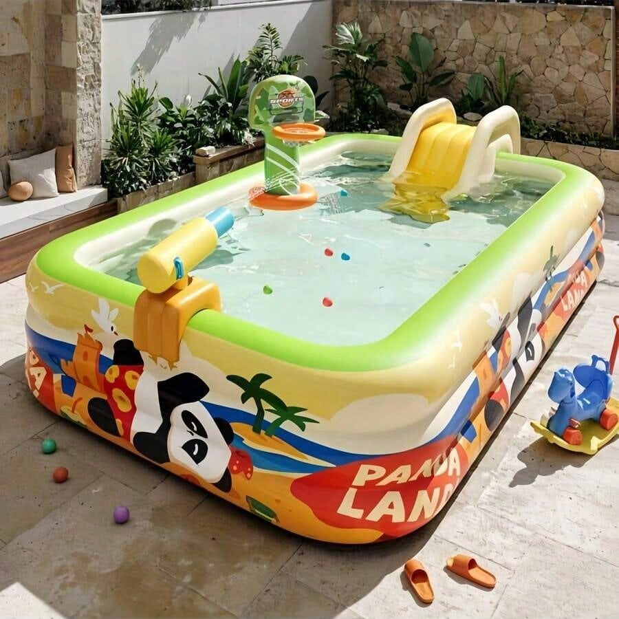 Inflatable slide pool with a sunshade—suitable for backyards, gardens, and summer water parties.