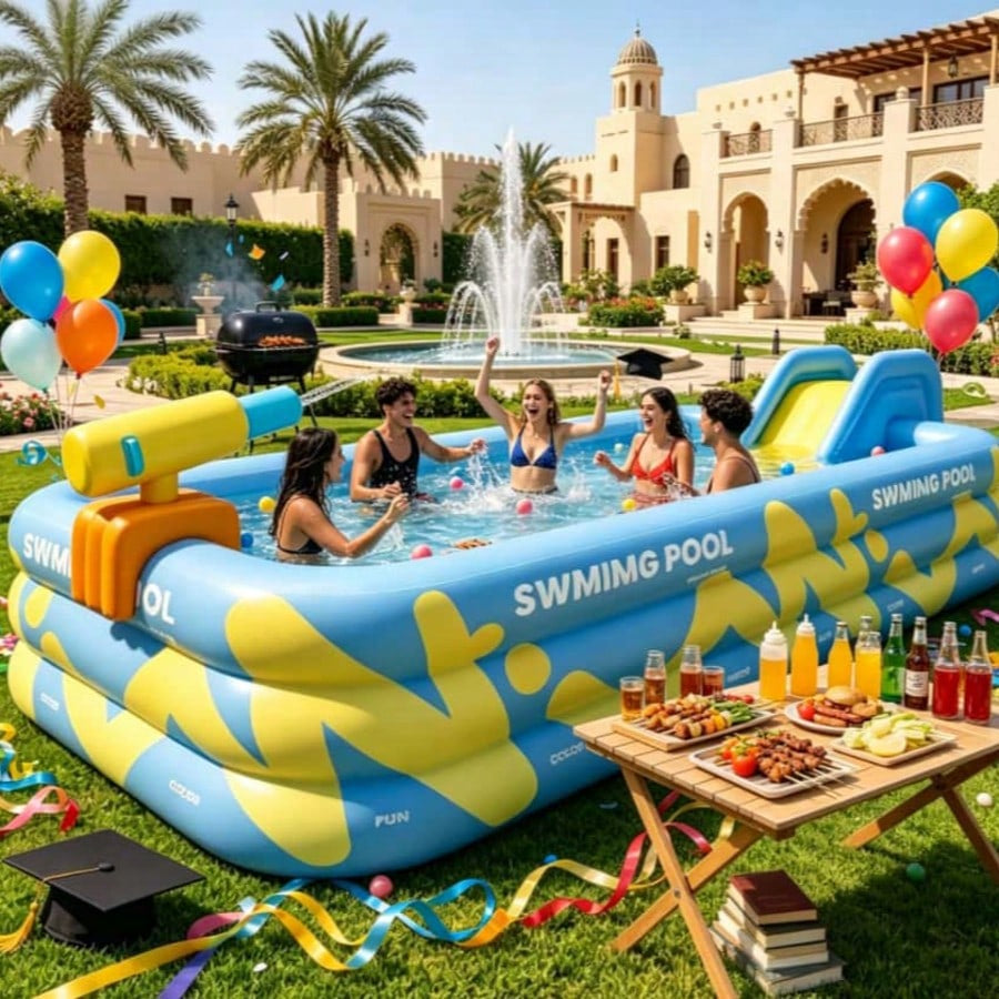 Inflatable slide pool with a sunshade—suitable for backyards, gardens, and summer water parties.