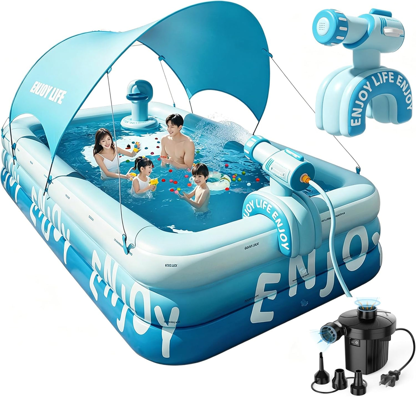 Inflatable slide pool with a sunshade—suitable for backyards, gardens, and summer water parties.