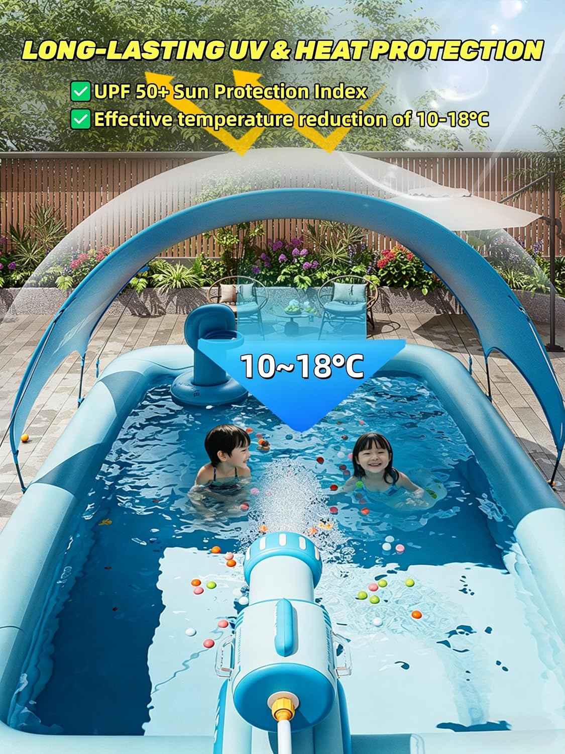 Inflatable slide pool with a sunshade—suitable for backyards, gardens, and summer water parties.