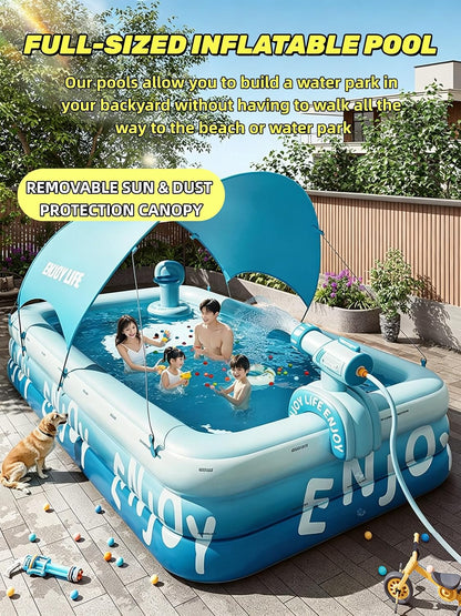 Inflatable slide pool with a sunshade—suitable for backyards, gardens, and summer water parties.