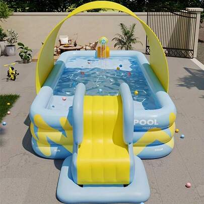 Inflatable slide pool with a sunshade—suitable for backyards, gardens, and summer water parties.
