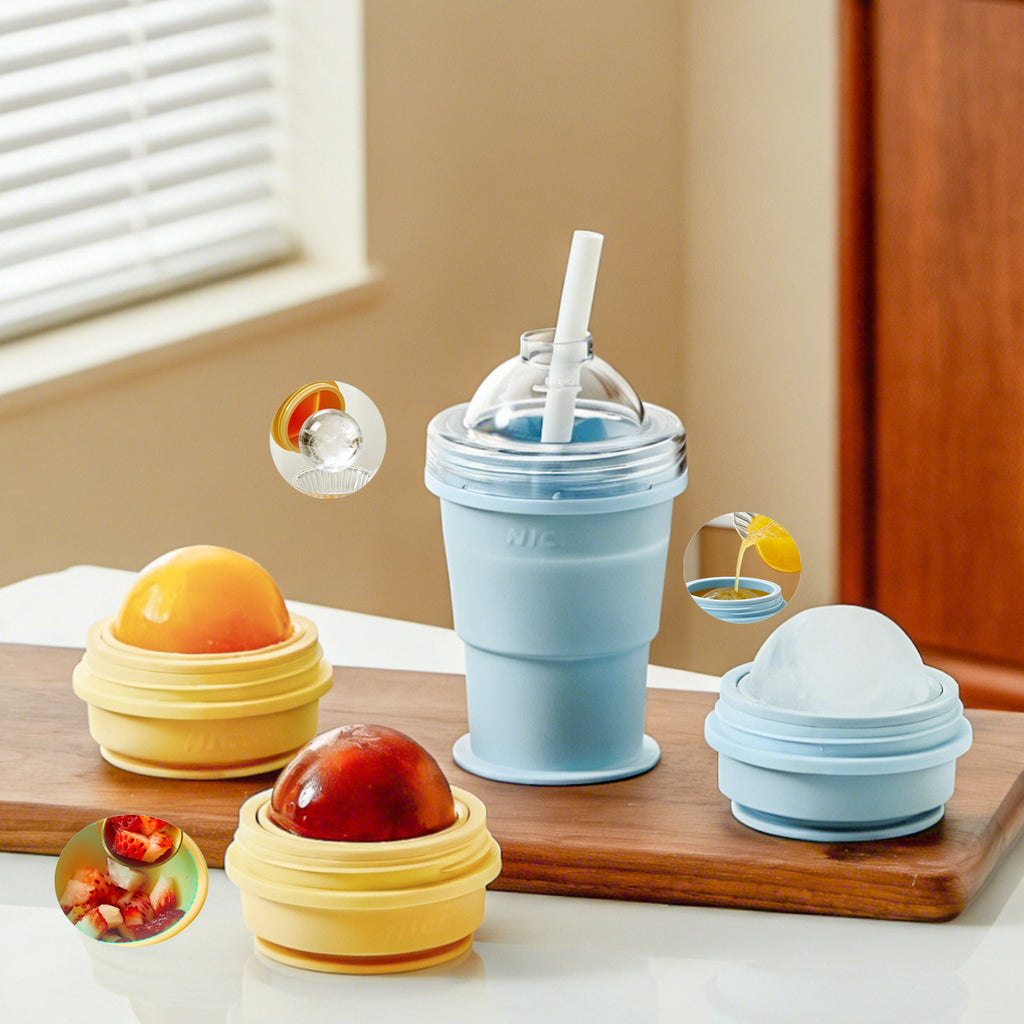 🍹 2-in-1 Collapsible Ice Ball Cup with Straw Lid | Food-Grade Silicone, Portable Travel Mug for Camping & Outdoor Adventures🥤