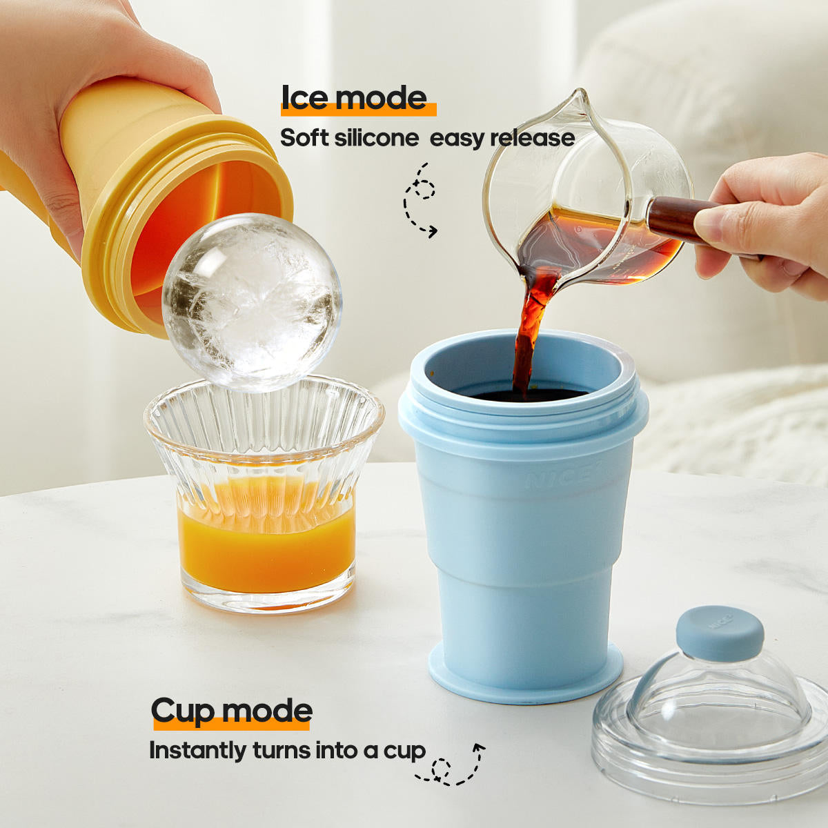 🍹 2-in-1 Collapsible Ice Ball Cup with Straw Lid | Food-Grade Silicone, Portable Travel Mug for Camping & Outdoor Adventures🥤