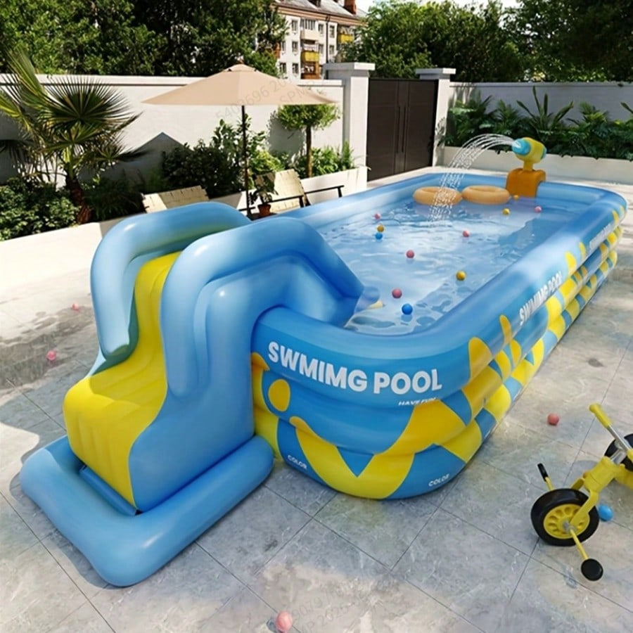 Inflatable slide pool with a sunshade—suitable for backyards, gardens, and summer water parties.