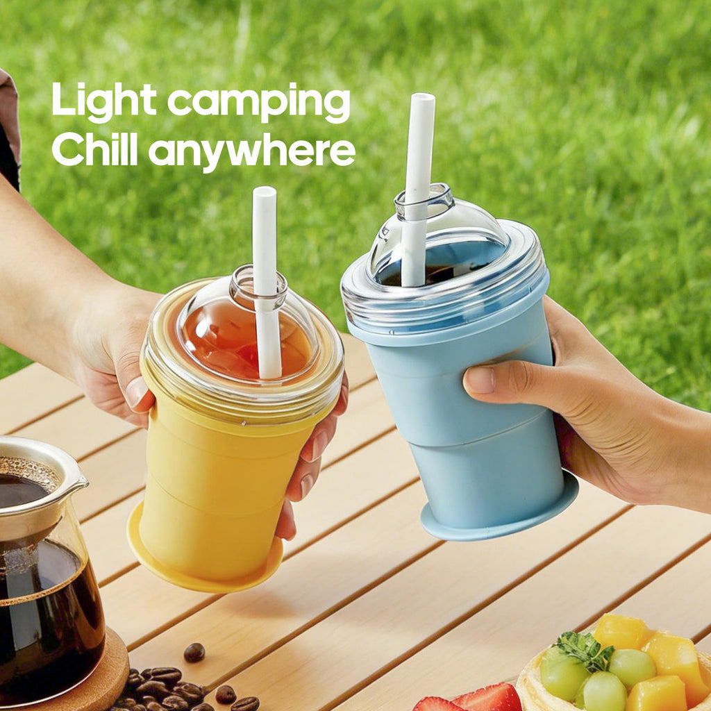 🍹 2-in-1 Collapsible Ice Ball Cup with Straw Lid | Food-Grade Silicone, Portable Travel Mug for Camping & Outdoor Adventures🥤