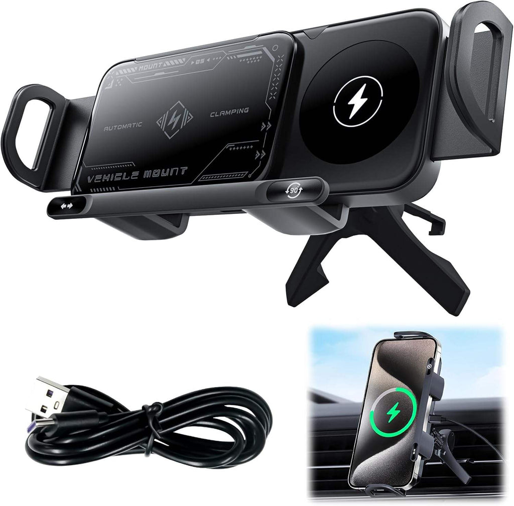 🚗 15W Auto-Clamp Car Wireless Charger Mount | Charge & Hold Your Phone in 1 Sec🧭
