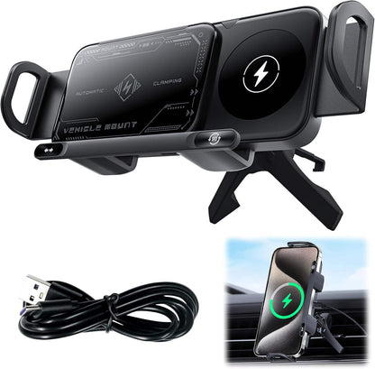 🚗 15W Auto-Clamp Car Wireless Charger Mount | Charge & Hold Your Phone in 1 Sec🧭