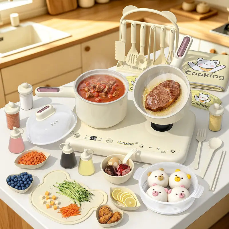 Multifunctional Real Cooking Mini Kitchen – Double Stove Set for Kids