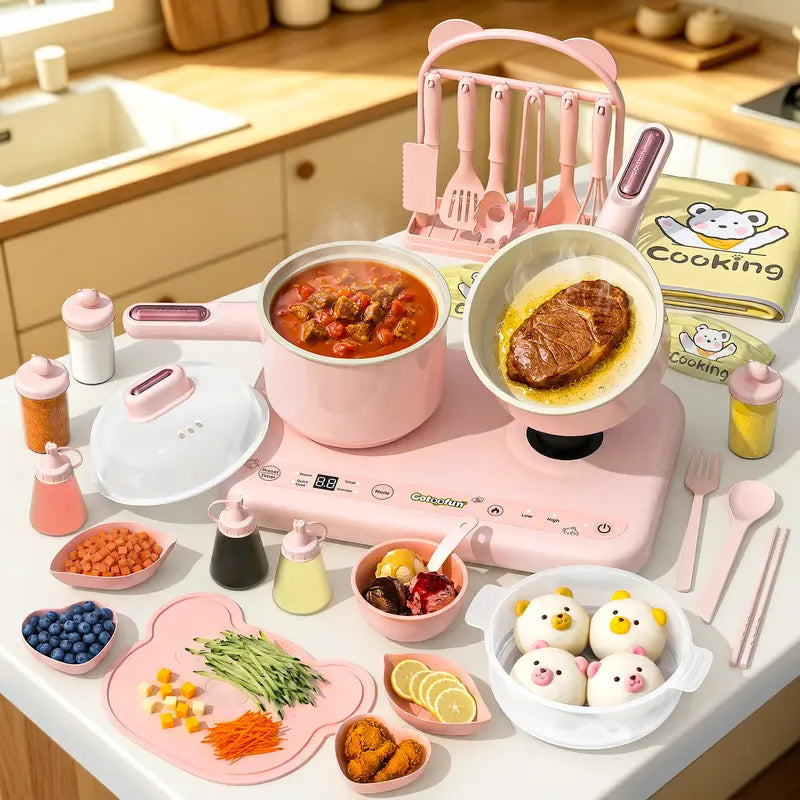Multifunctional Real Cooking Mini Kitchen – Double Stove Set for Kids