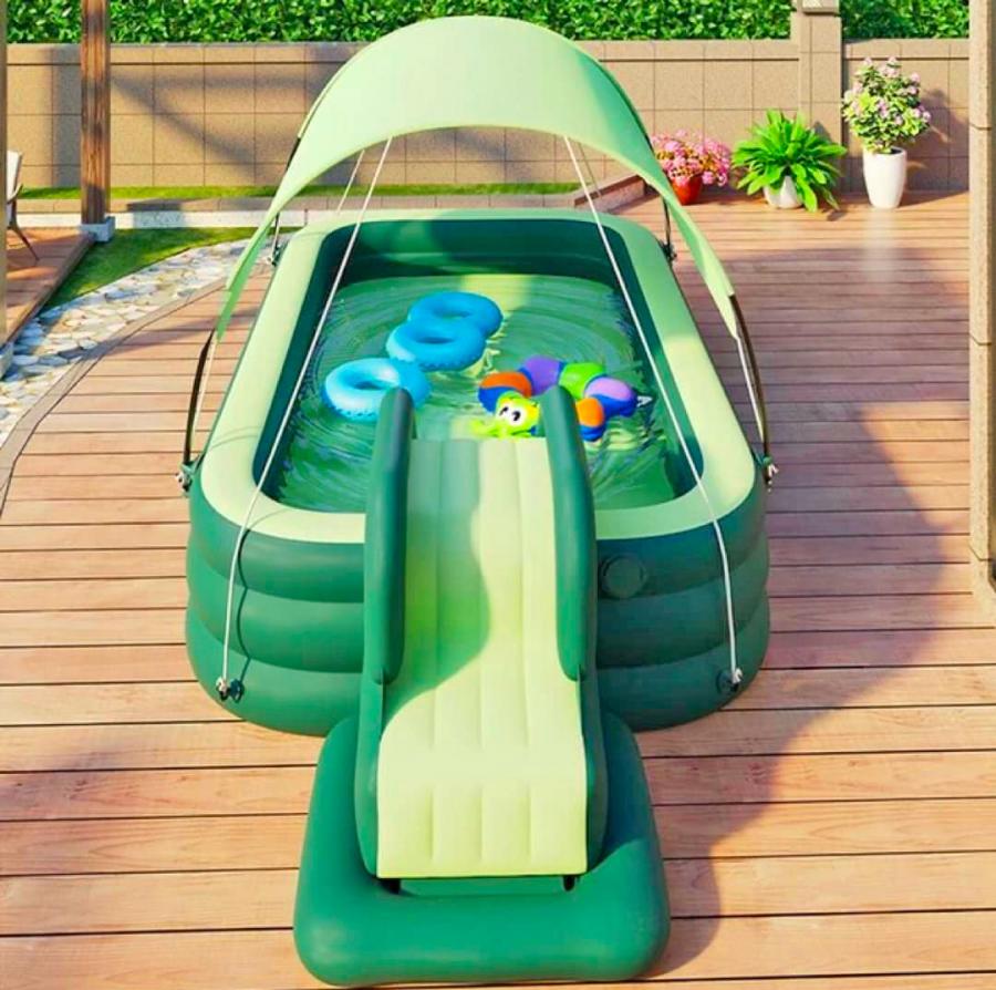 Inflatable slide pool with a sunshade—suitable for backyards, gardens, and summer water parties.